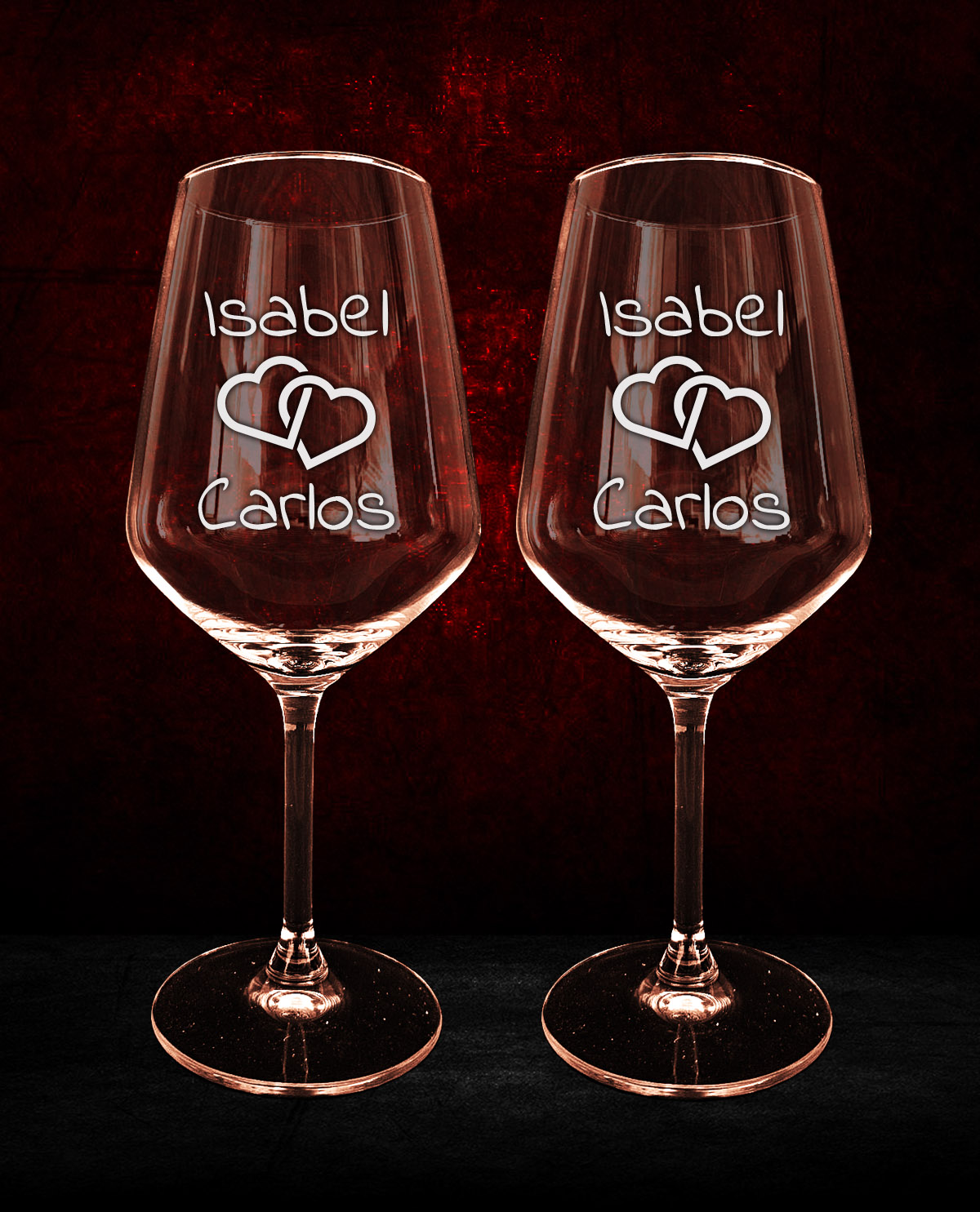 Set de 2 copes de vi personalitzades amb Disseny de Cors Entrelligats