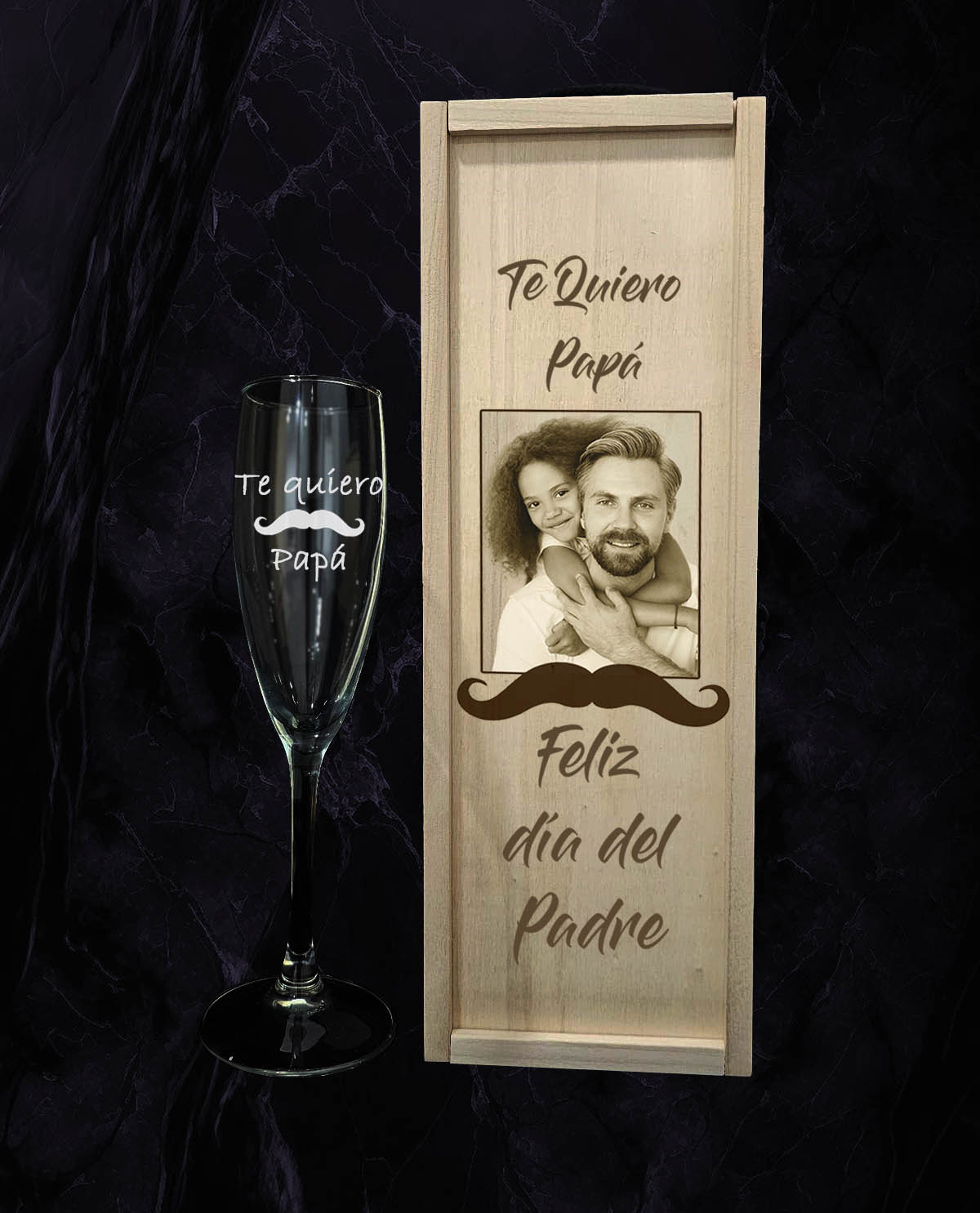Caixa amb 1 Copa de Cava Personalitzada Disseny Dia del Pare Bigoti