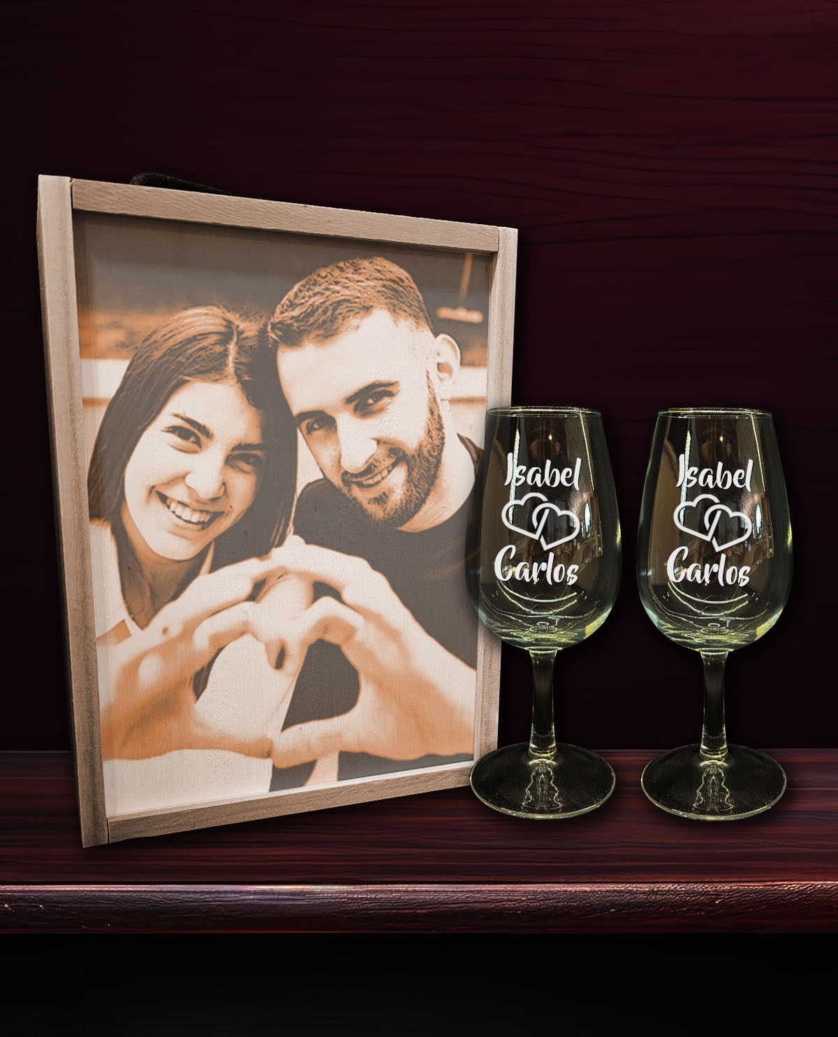 Caixa de fusta amb 2 Tastavins Personalitzats Disseny Cors Entrellaçats