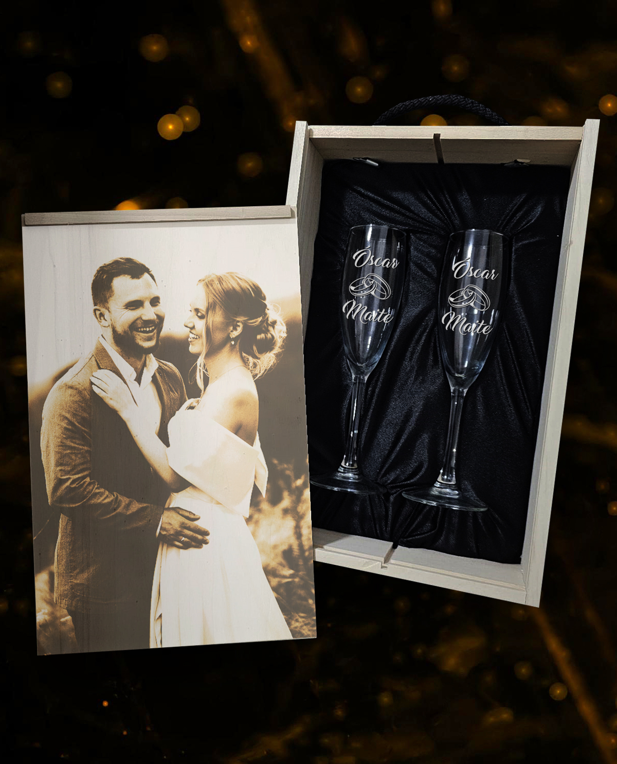 Caixa amb 2 Copes de Cava Personalitzades Disseny Noces Aliances