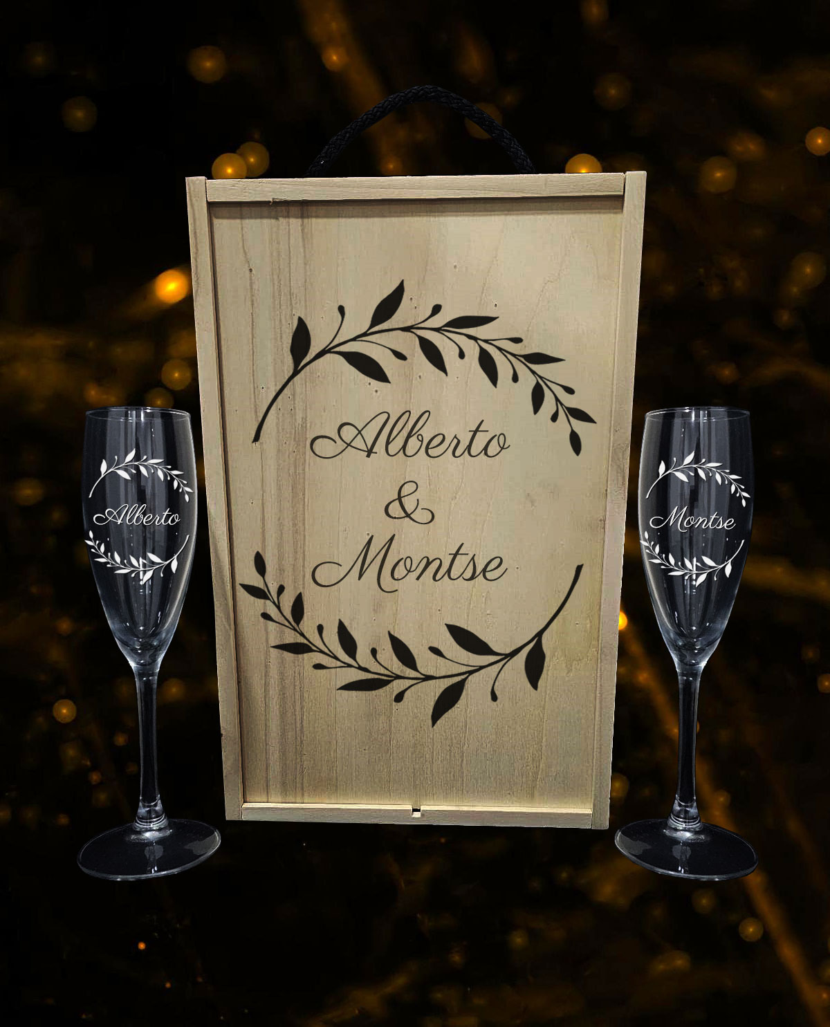 Caixa amb 2 Copes de Cava Personalitzades Disseny Corona Llorer