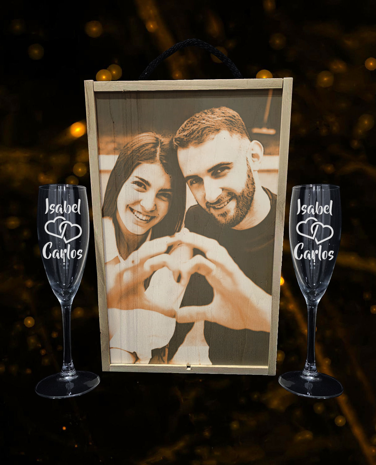 Caixa amb 2 Copes de Cava Personalitzades Disseny Cors Entrellaçats