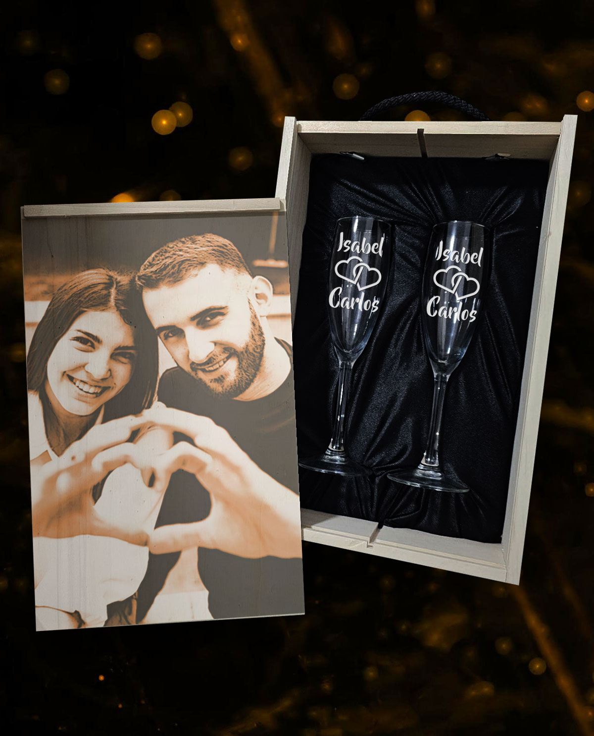 Caixa amb 2 Copes de Cava Personalitzades Disseny Cors Entrellaçats
