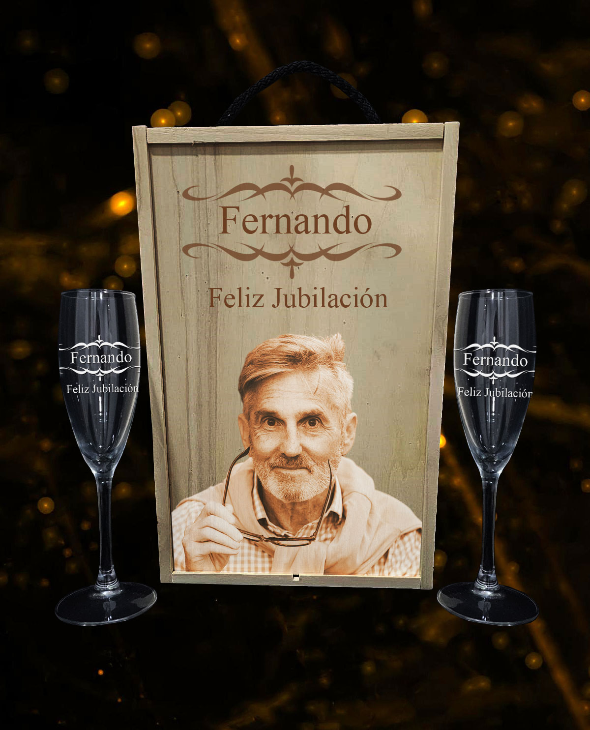 Caixa amb 2 Copes de Cava Personalitzades Disseny Jubilació Sanefa