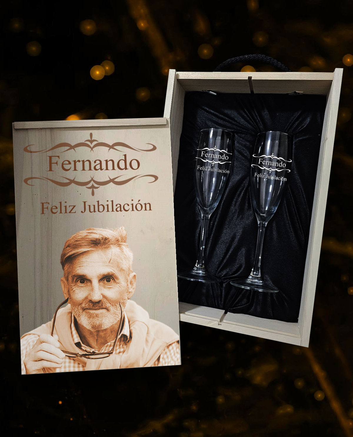 Caixa amb 2 Copes de Cava Personalitzades Disseny Jubilació Sanefa