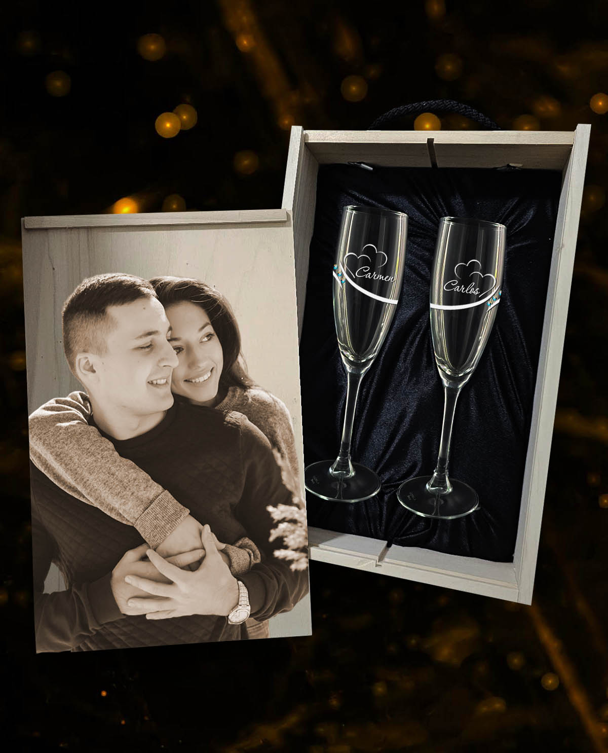 Caixa amb 2 Copes de Cava personalitzades Col·lecció Exclusive amb Cors i Brillants