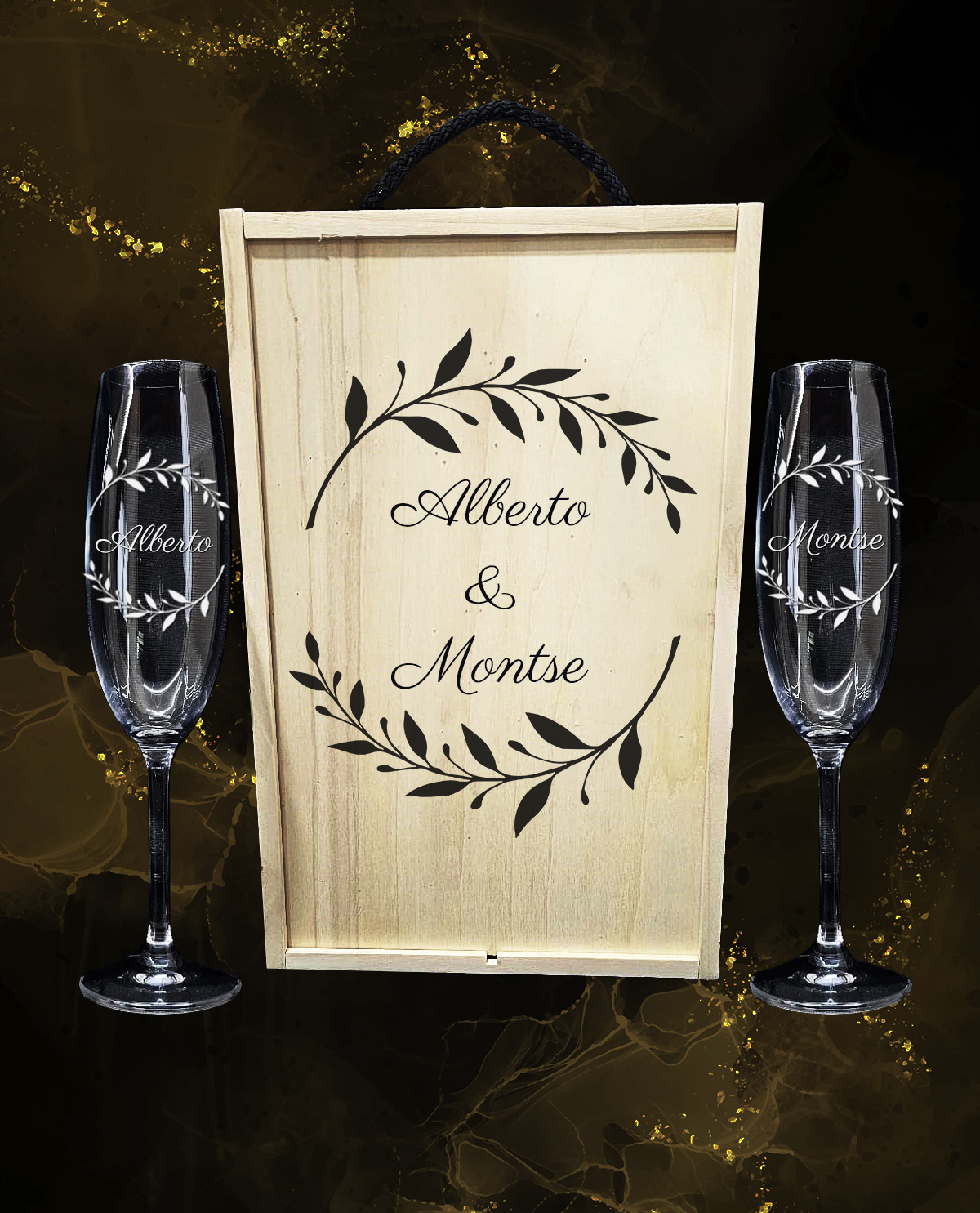 Caixa amb 2 Copes de Cava de Cristall de Bohèmia Premium Personalitzades Disseny Corona de Llorer