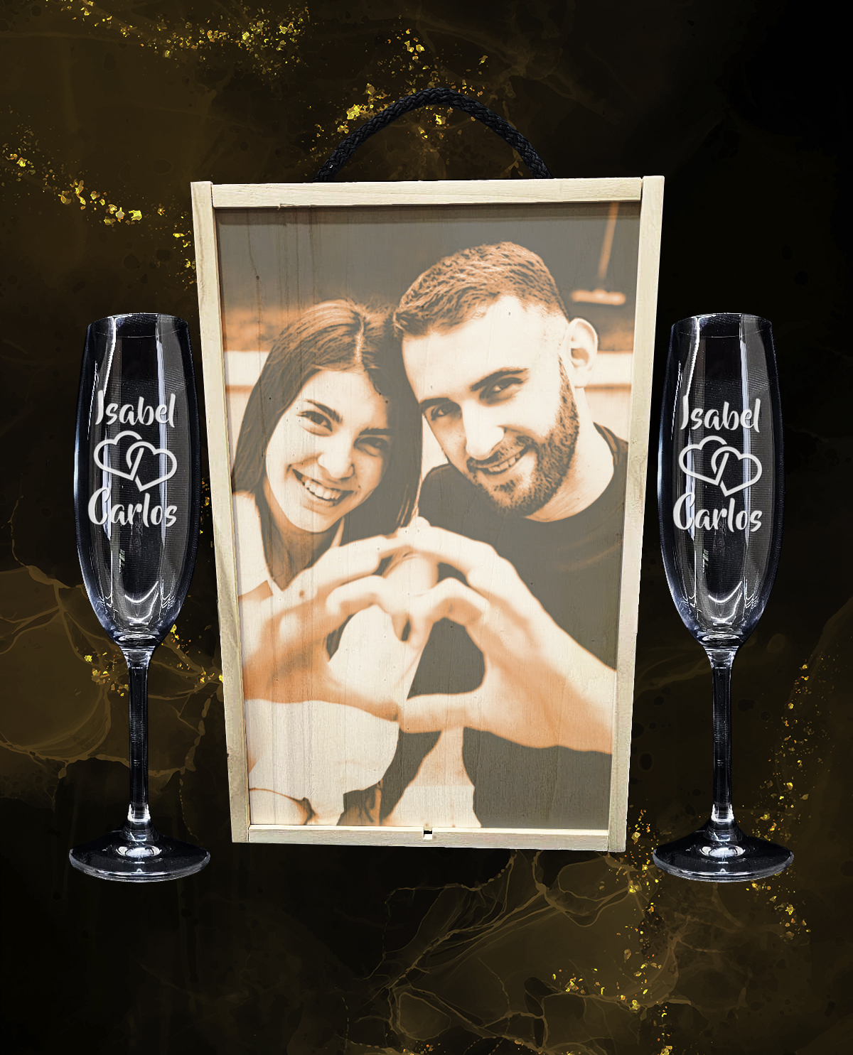 Caixa amb 2 Copes de Cava de Cristall de Bohèmia Premium Personalitzades Disseny Cors Entrellaçats