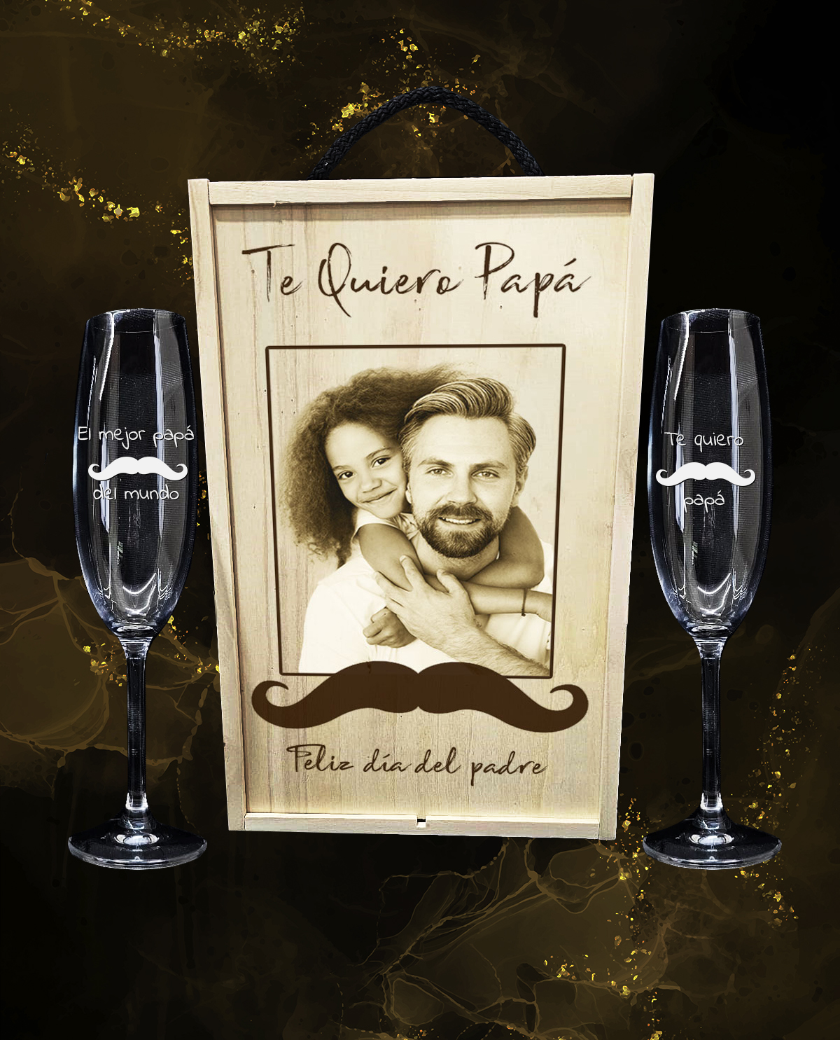 Caixa amb 2 Copes de Cava de Cristall de Bohèmia Premium Personalitzades Disseny Regal Dia del Pare Bigoti