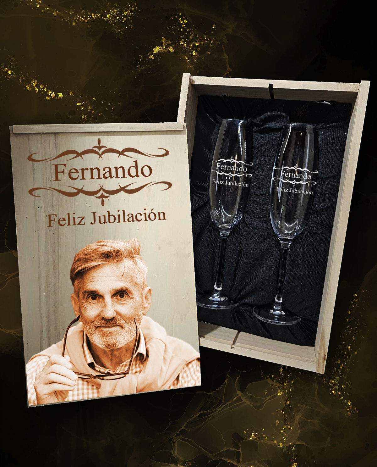 Caixa amb 2 Copes de Cava de Cristall de Bohèmia Premium Personalitzades Disseny Regal Jubilació Sanefa