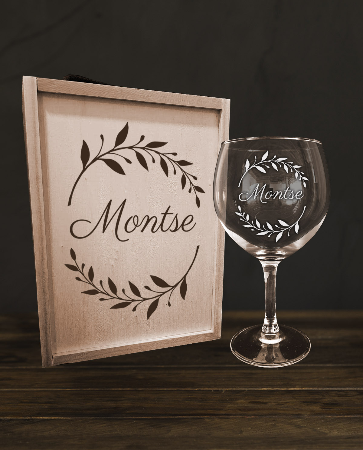 Kit caja de madera con 1 copa de gintonic corona laurel