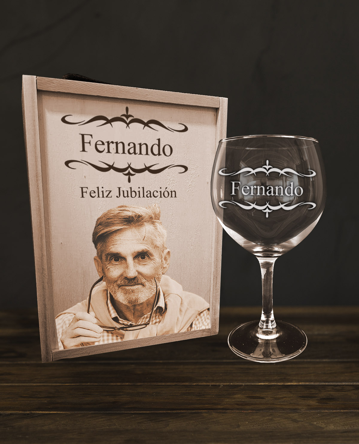 Kit caja de madera con 1 copa de gintonic regalo jubilación