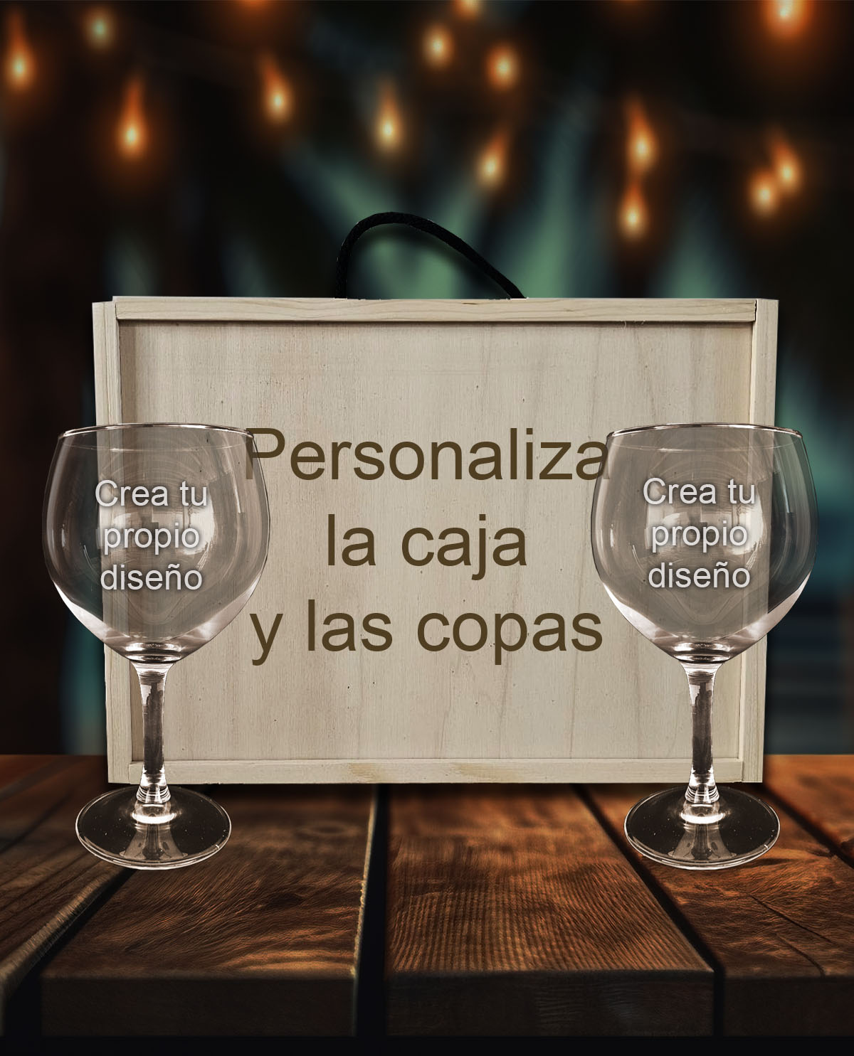 Kit Caja de Madera con 2 Copas de Gintonic Personalizadas