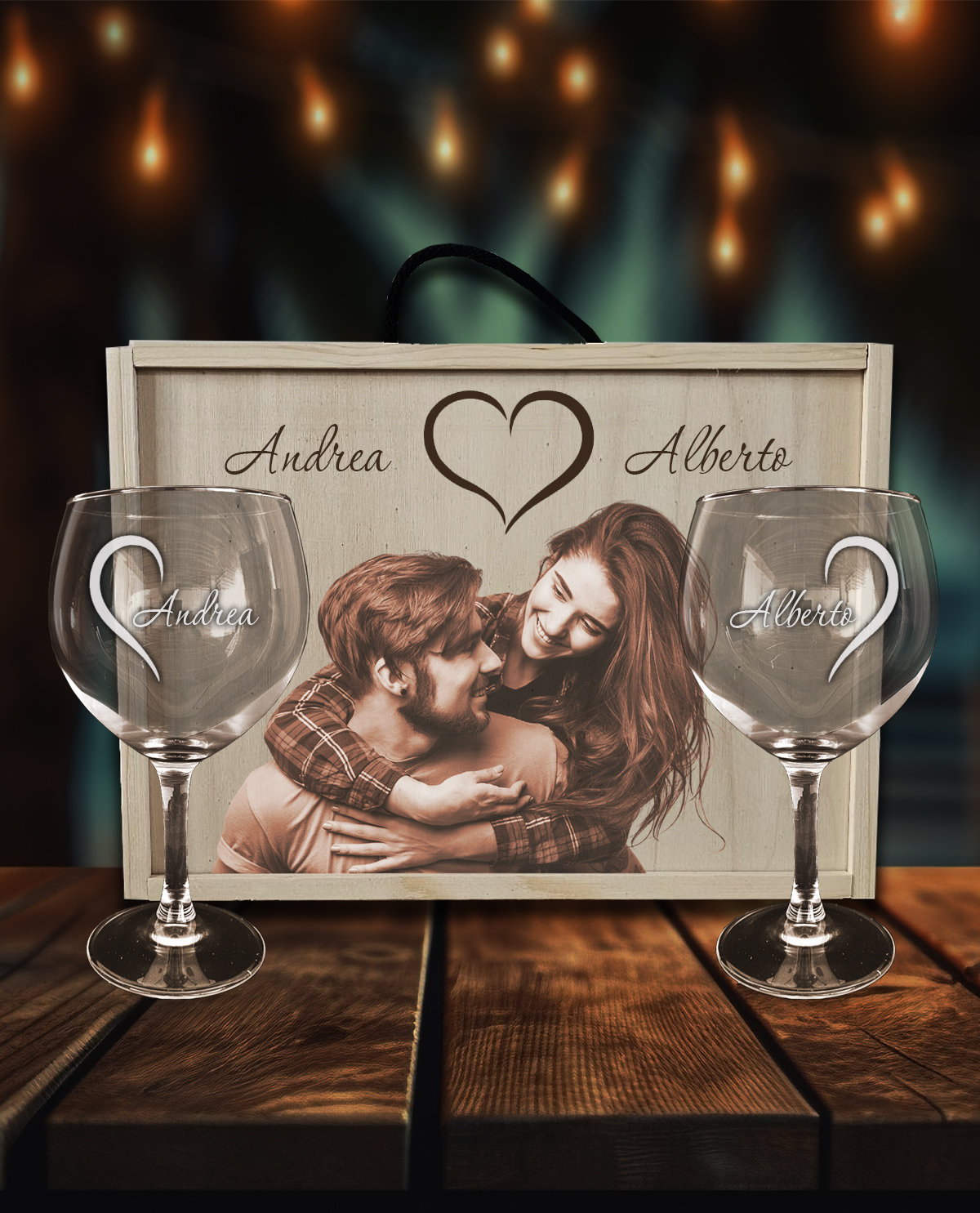 2 copas de Gin Tonic personalizadas con caja Diseño Medios Corazones
