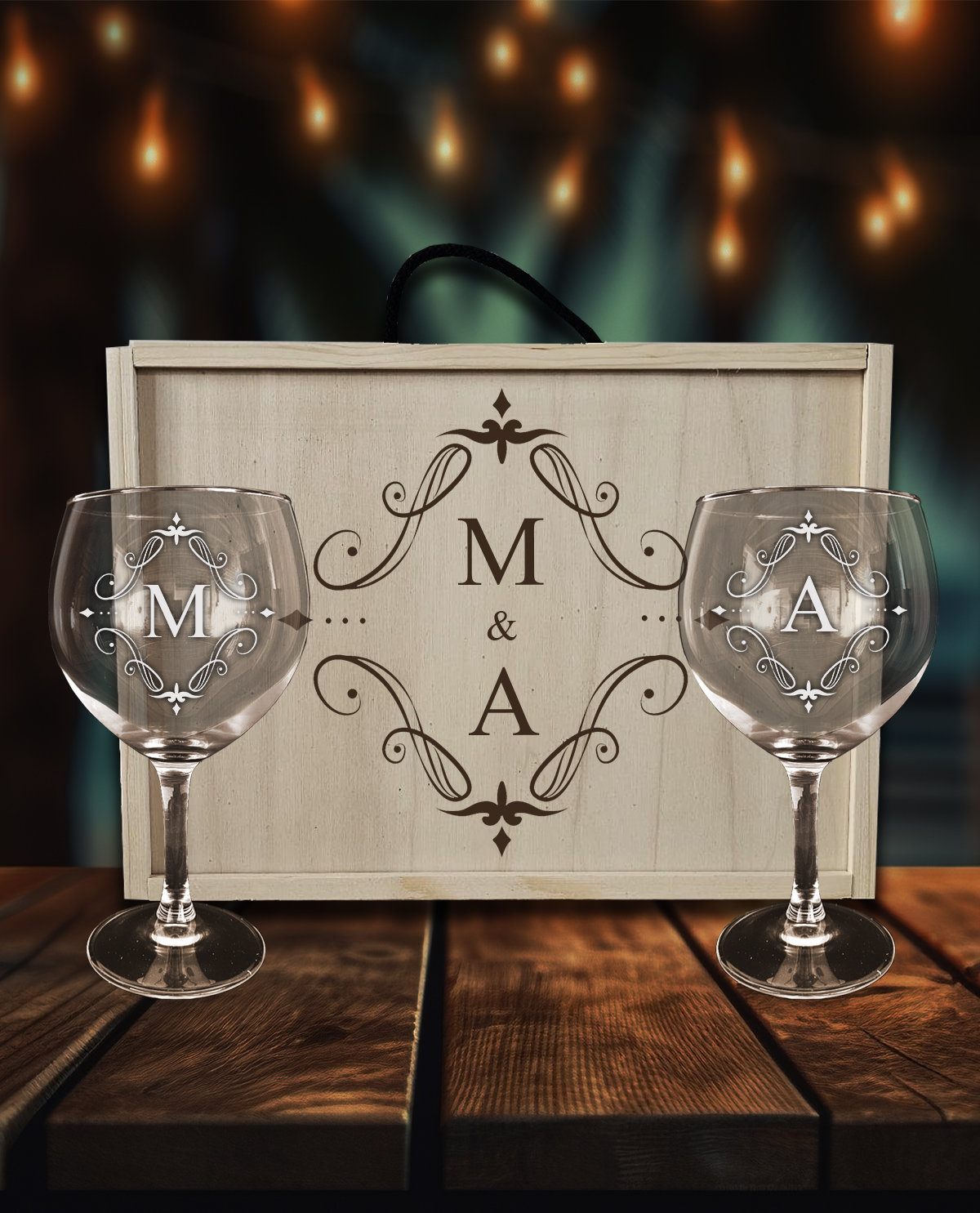 2 copas de Gin Tonic personalizadas con caja Diseño Iniciales Vintage