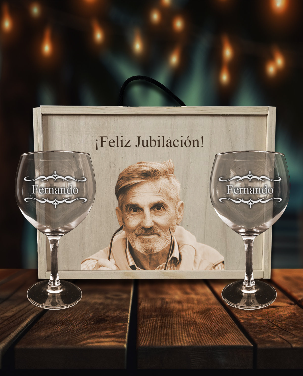 2 copas de Gin Tonic personalizadas con caja Diseño Jubilación Cenefa