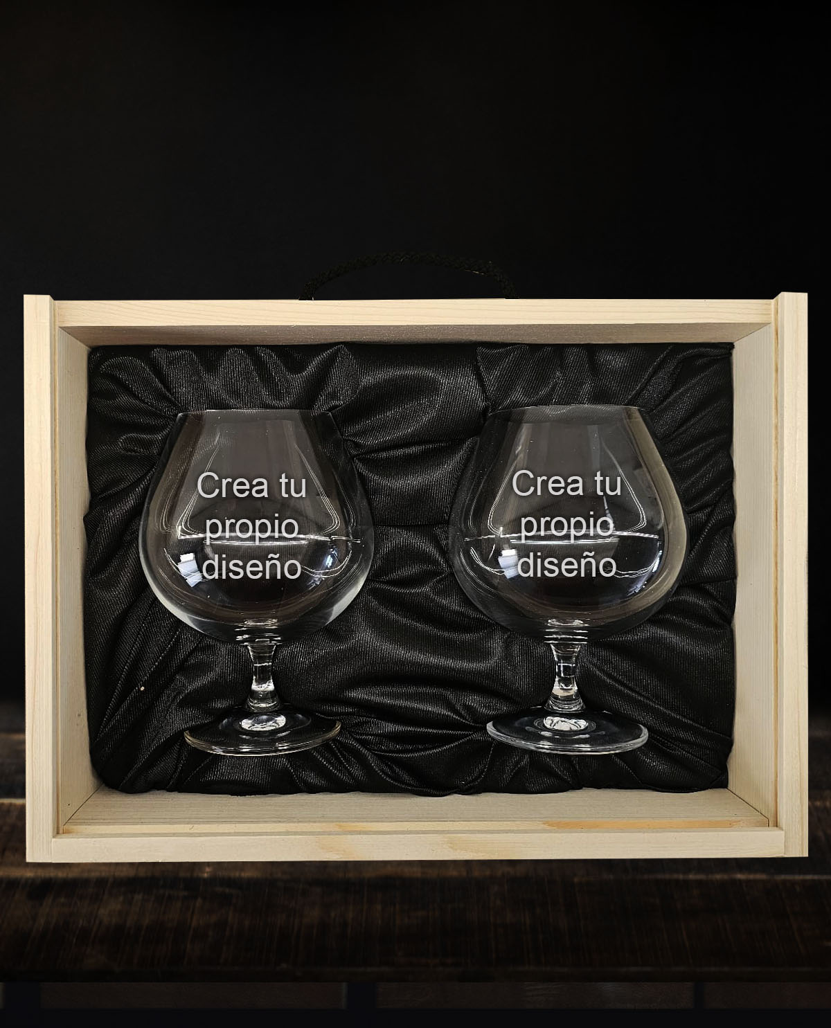Kit Caja de Madera con 2 Copas de Coñac Bohemia Personalizadas