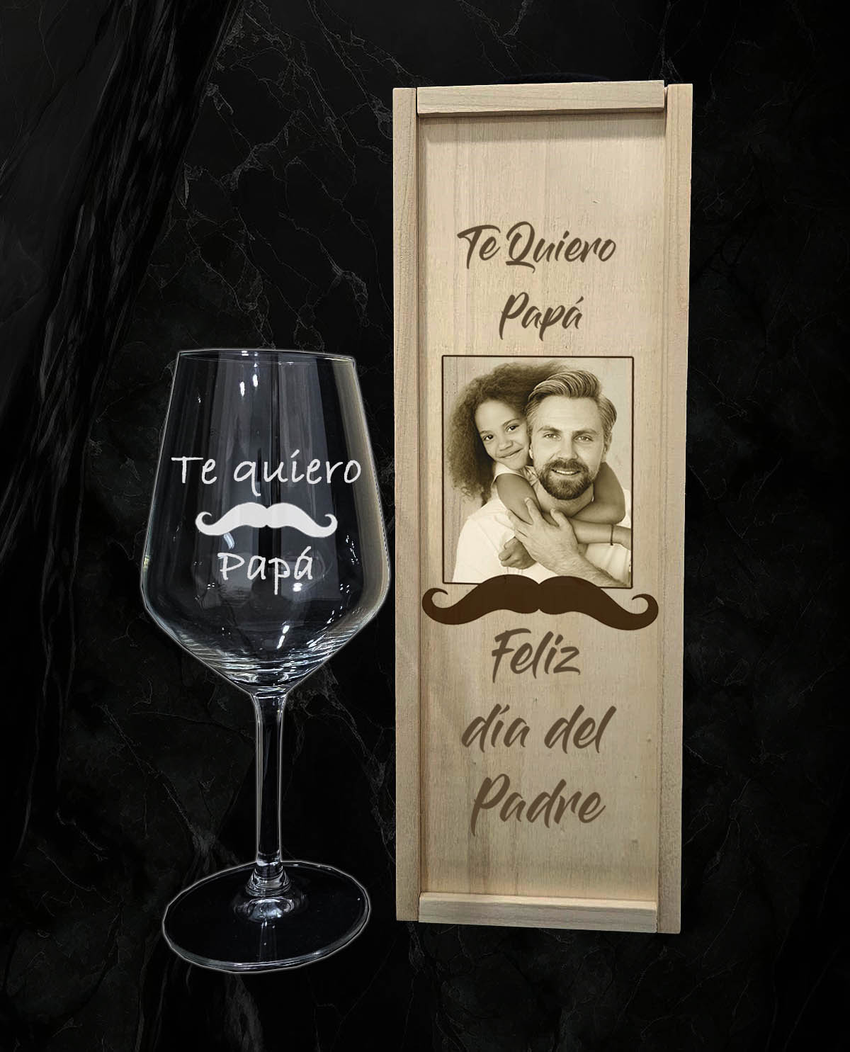 Caja con 1 copa de vino personalizada Diseño Día Padre Bigote