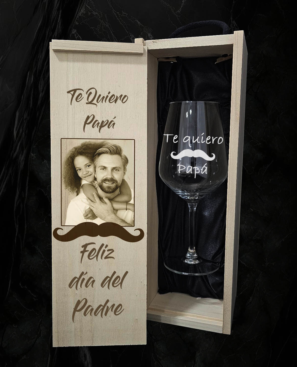 Caja con 1 copa de vino personalizada Diseño Día Padre Bigote