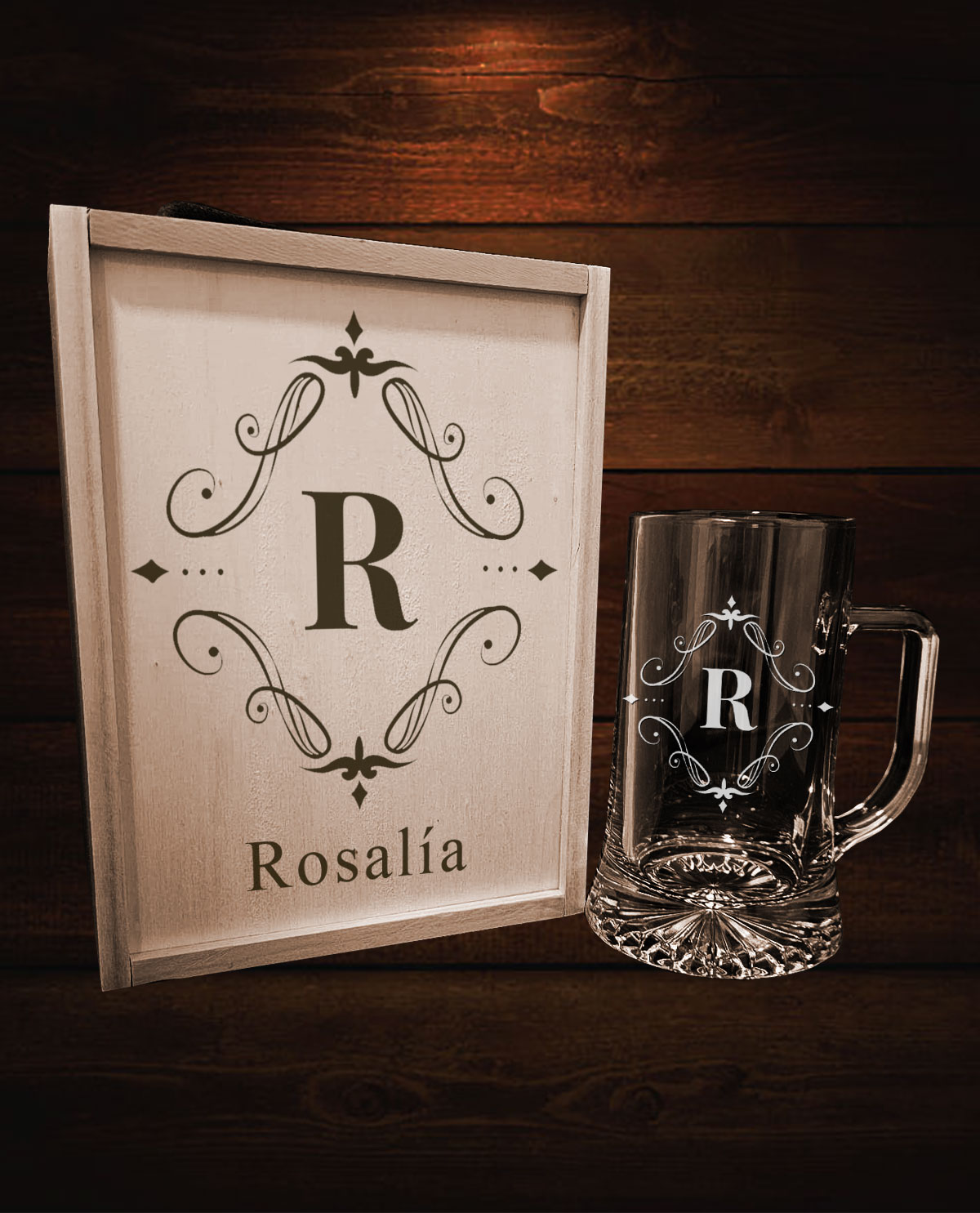 Jarra de Cerveza Personalizada con caja Diseño Inicial Vintage