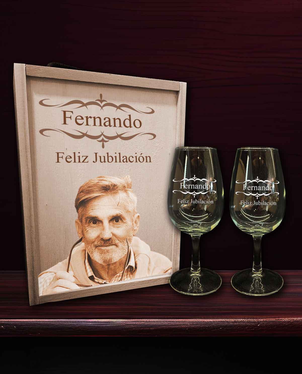 Caja de madera con 2 Catavinos Personalizados Diseño Jubilación con Cenefa