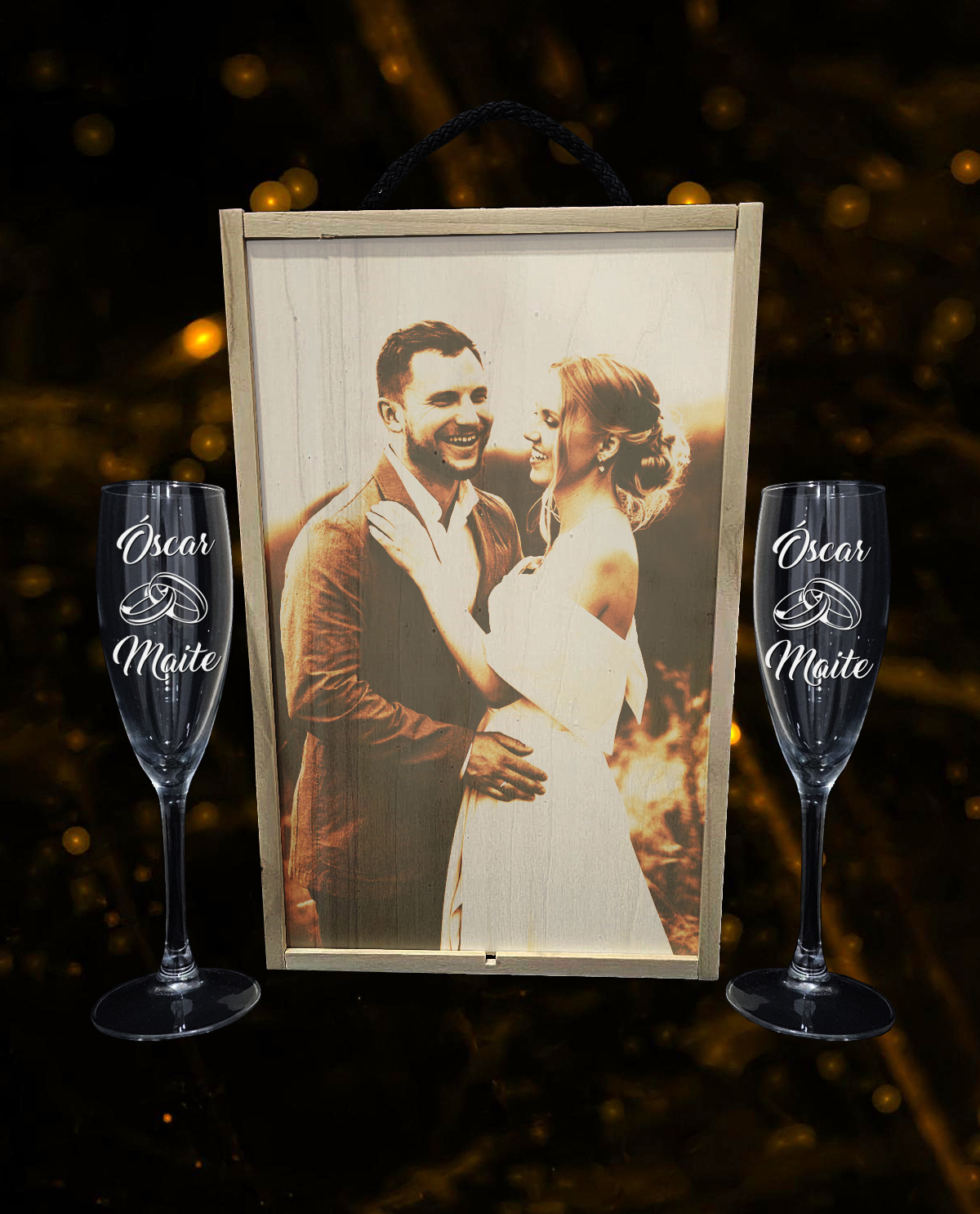 Caja con 2 copas de cava personalizados Diseño Boda alianzas