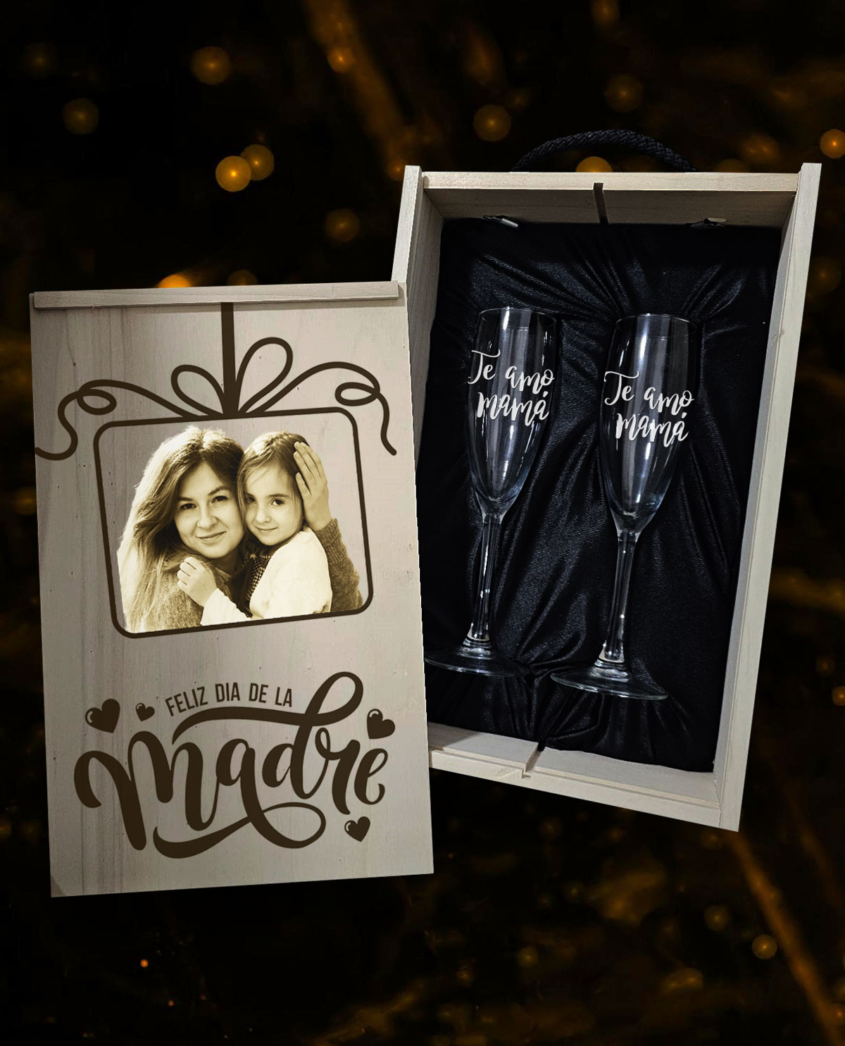 Caja con 2 copas de cava personalizados Diseño Día Madre Regalo