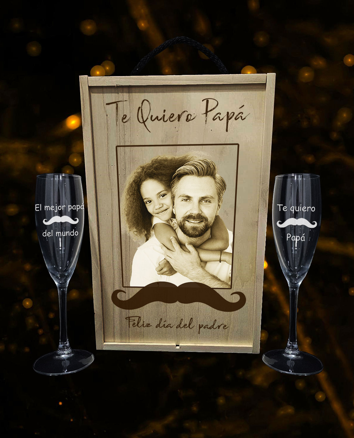 Caja con 2 copas de vino personalizados Diseño Día Padre Bigote