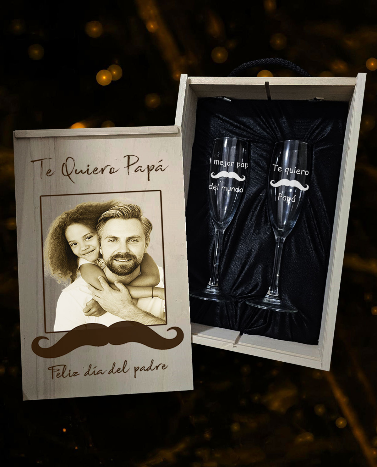 Caja con 2 copas de vino personalizados Diseño Día Padre Bigote