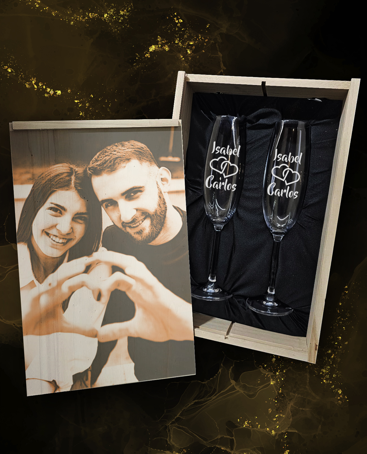 Caja con 2 Copas de Cava Cristal de Bohemia Premium Personalizadas Diseño Corazones Entrelazados