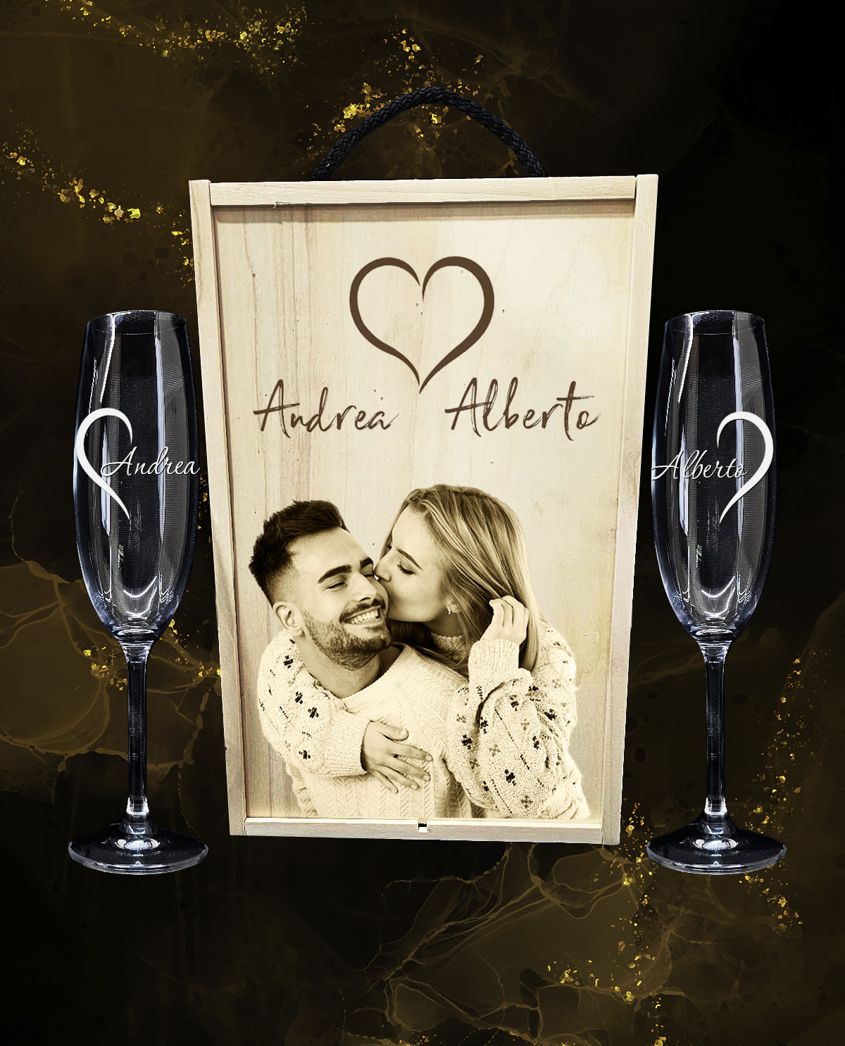 Caja con 2 Copas de Cava Cristal de Bohemia Premium Personalizadas Diseño Medios Corazones Regalo San Valentín