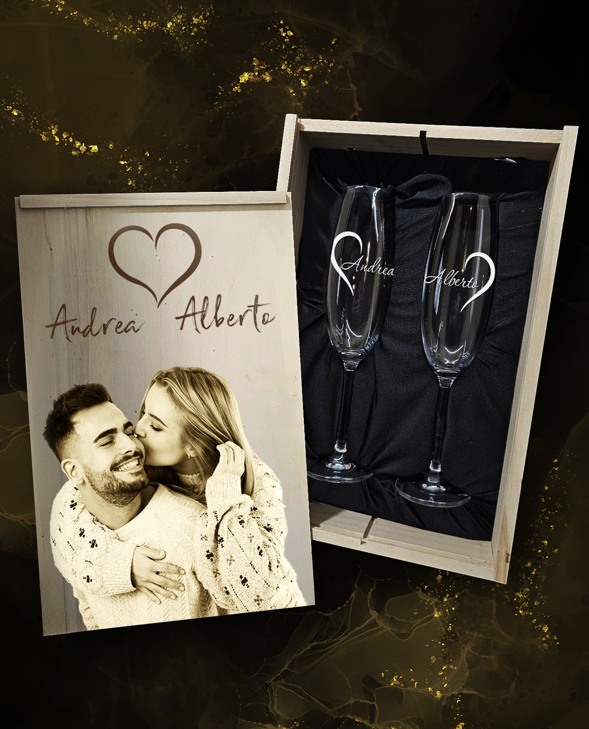 Caja con 2 Copas de Cava Cristal de Bohemia Premium Personalizadas Diseño Medios Corazones Regalo San Valentín