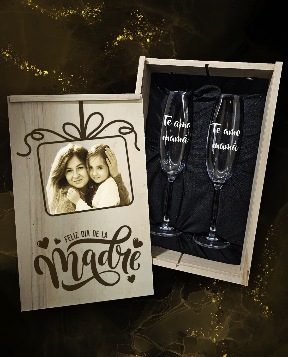Caja con 2 Copas de Cava Cristal de Bohemia Premium Personalizadas Diseño Regalo Día de la Madre