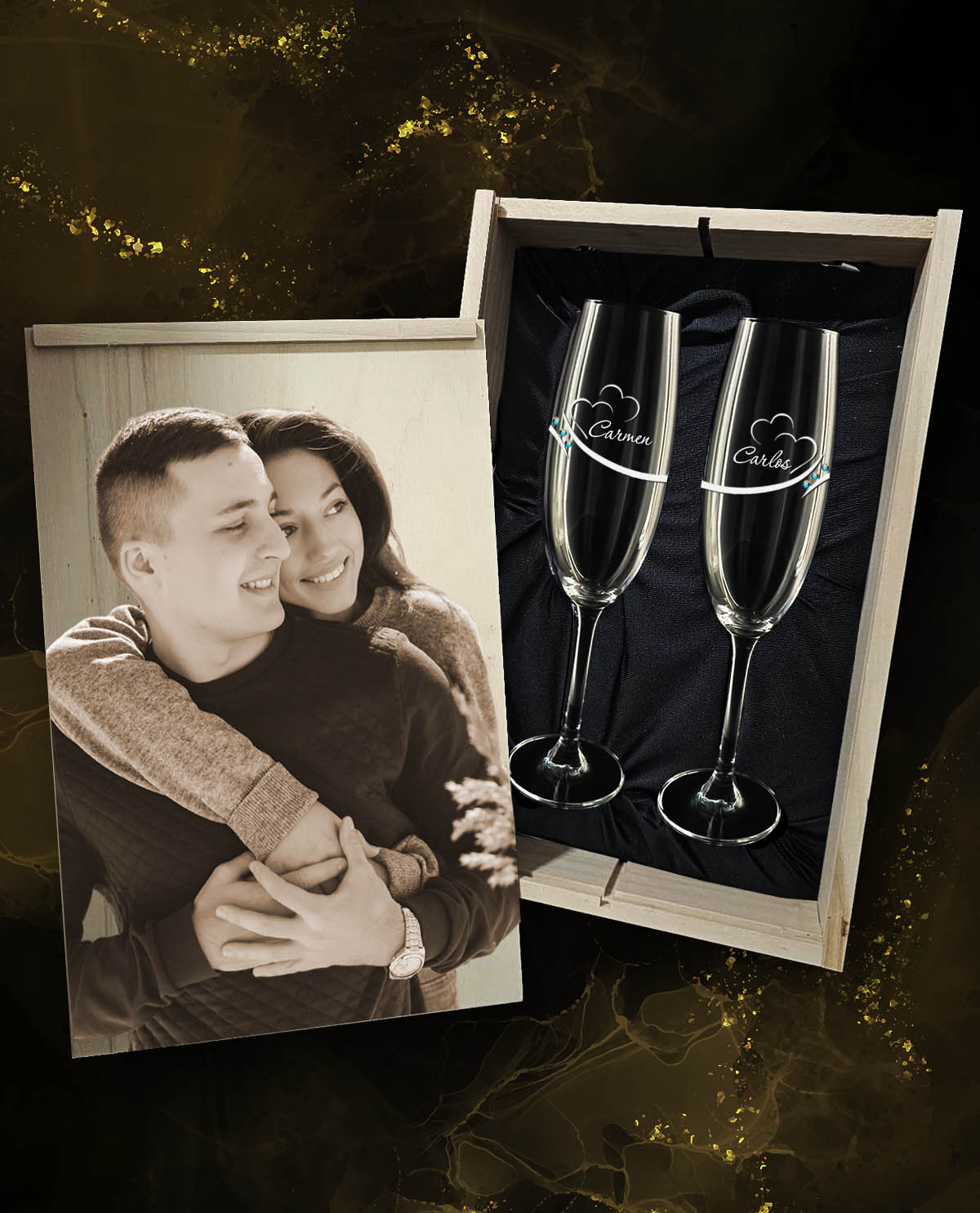 Caja con 2 Copas de Cava personalizadas Cristal de Bohemia Premium Colección Exclusive con Corazones y Brillantes