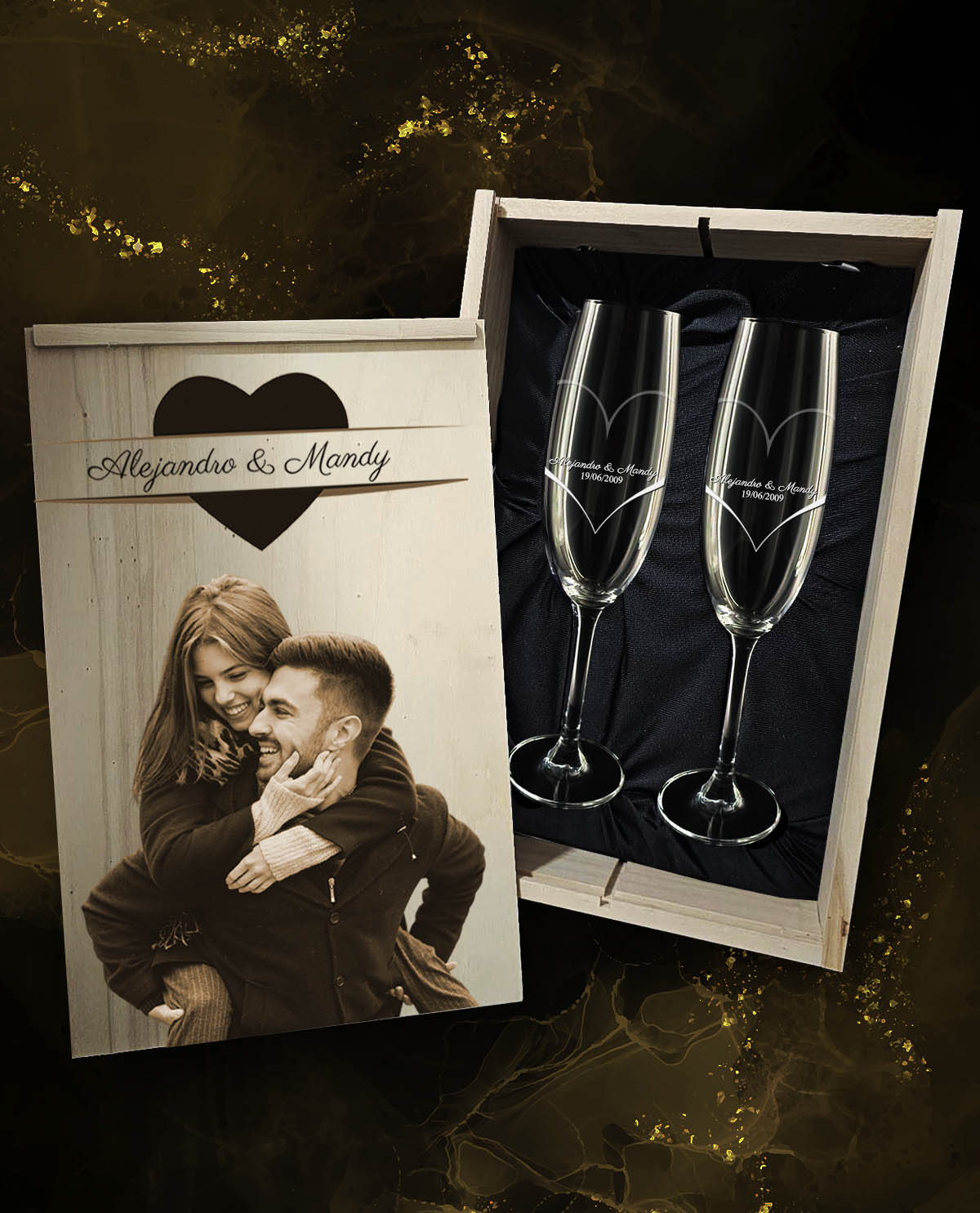 Caja con 2 Copas de Cava personalizadas Cristal de Bohemia Premium Colección Exclusive con Corazón Envolvente