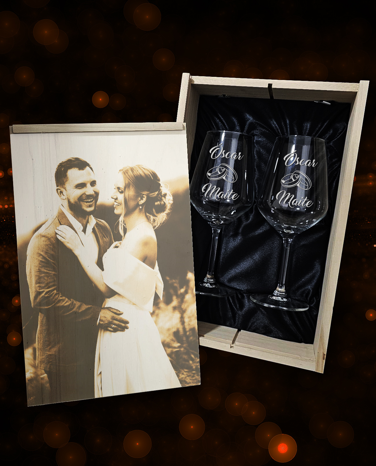 Caja con 2 copas de vino personalizadas Diseño Boda alianzas