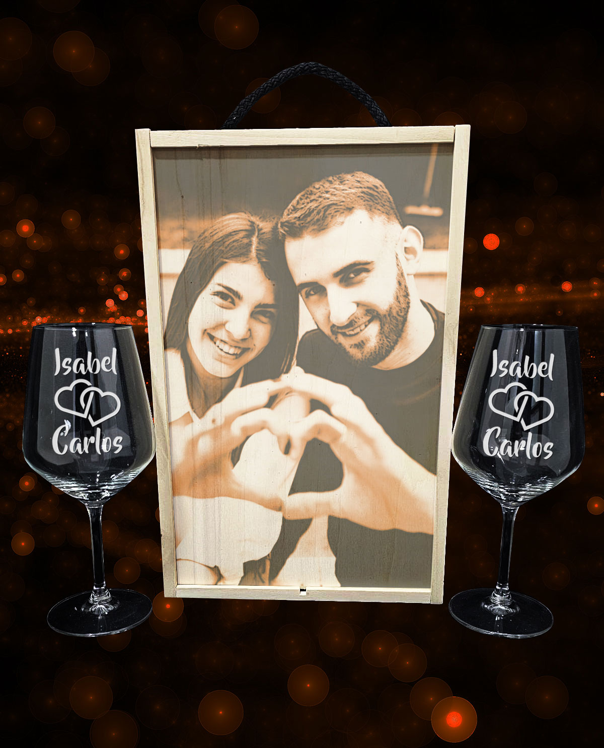 Caja con 2 copas de vino personalizadas Diseño Corazones Entrelazados