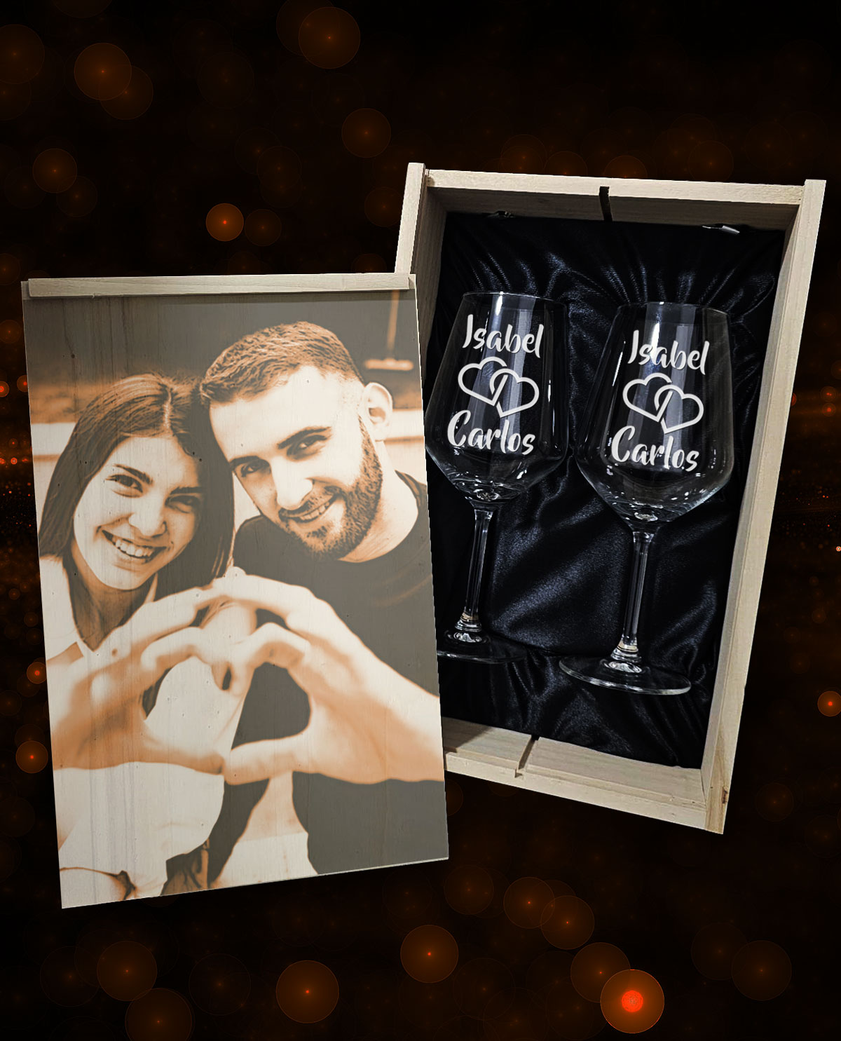 Caja con 2 copas de vino personalizadas Diseño Corazones Entrelazados