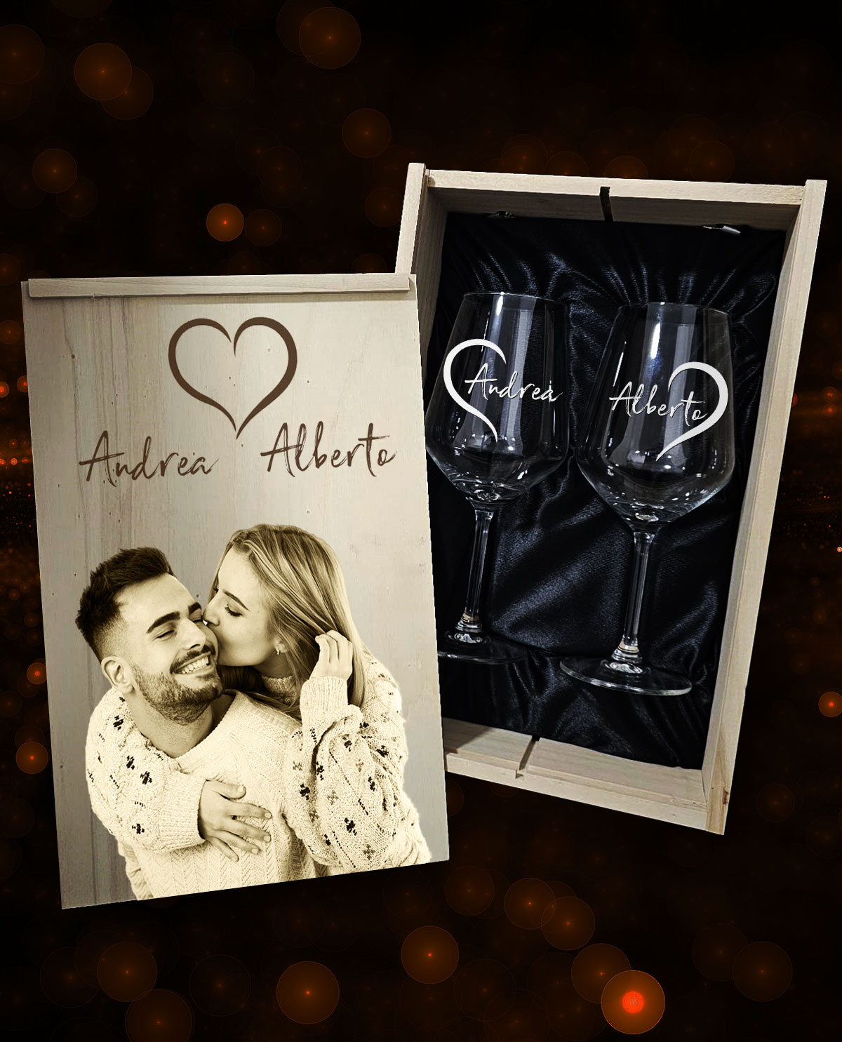 Caja con 2 copas de vino personalizadas Diseño Medios Corazones