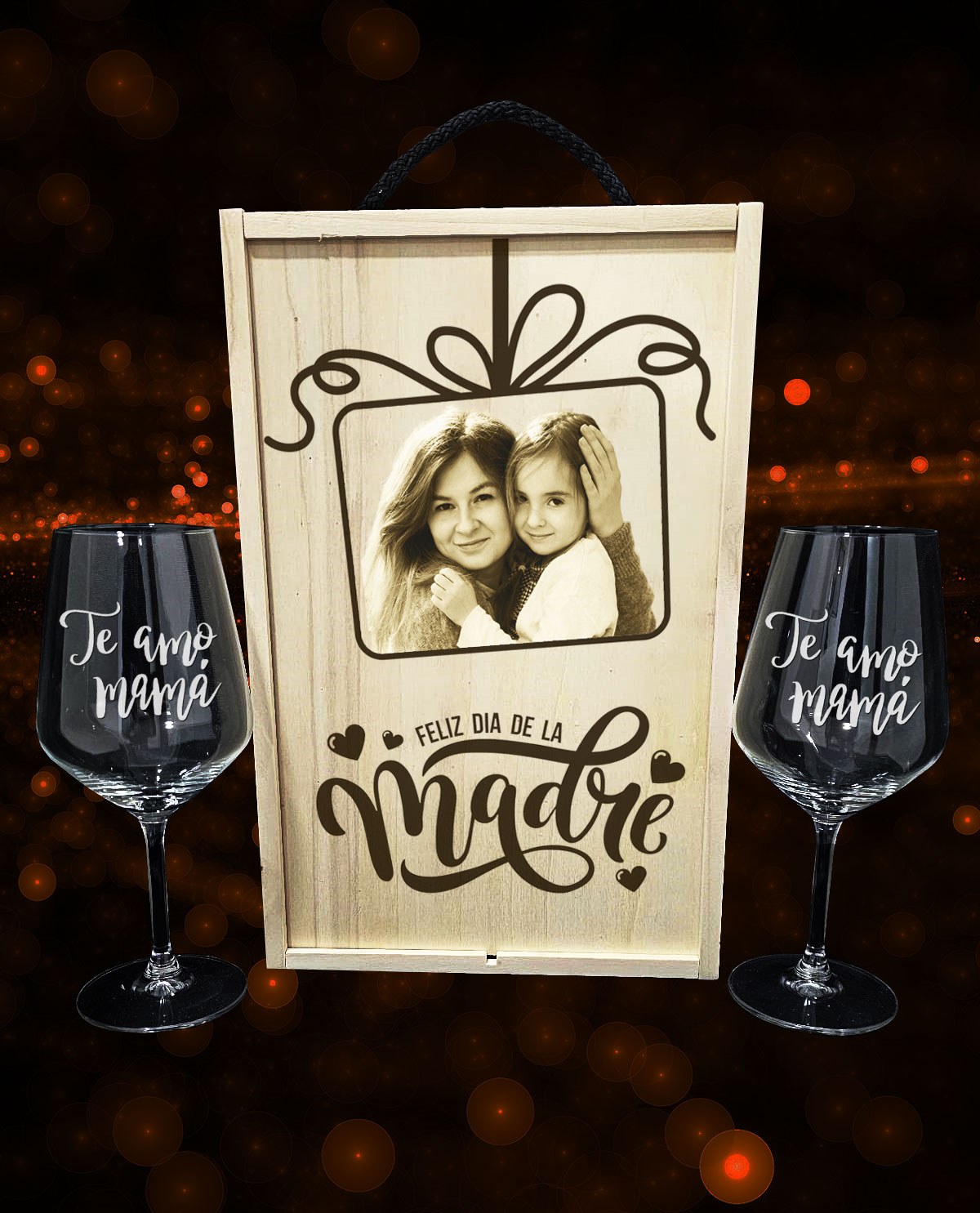 Caja con 2 copas de vino personalizadas Diseño Día Madre Regalo