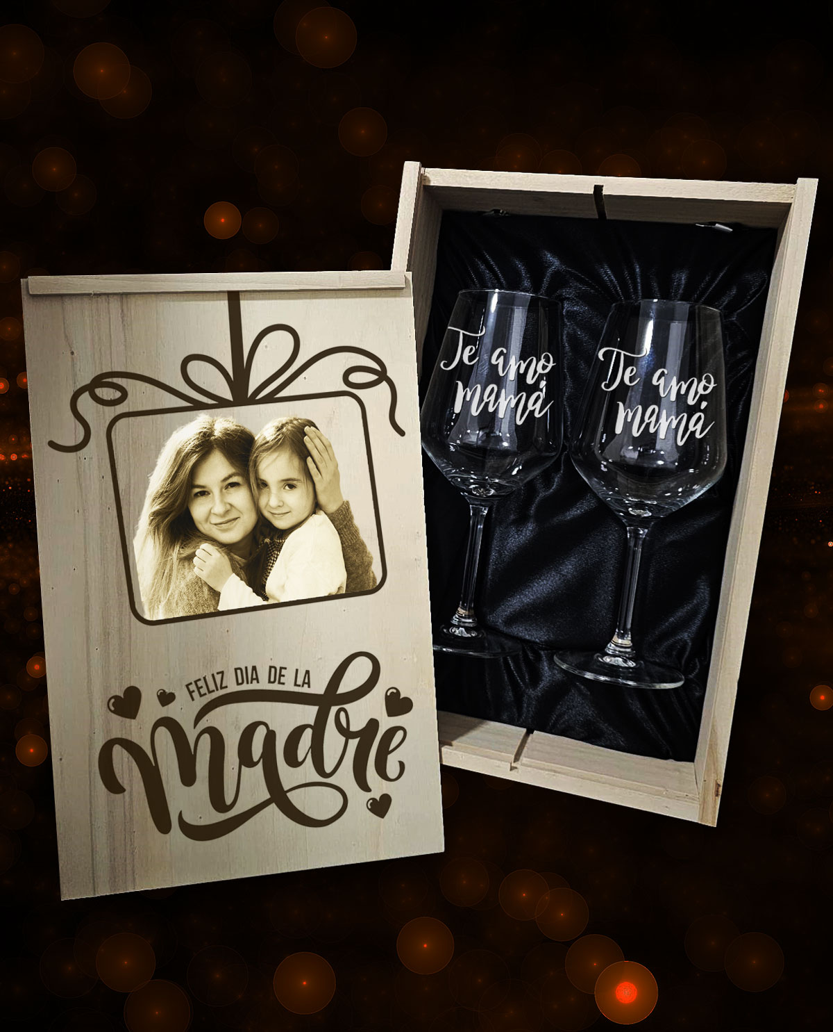 Caja con 2 copas de vino personalizadas Diseño Día Madre Regalo