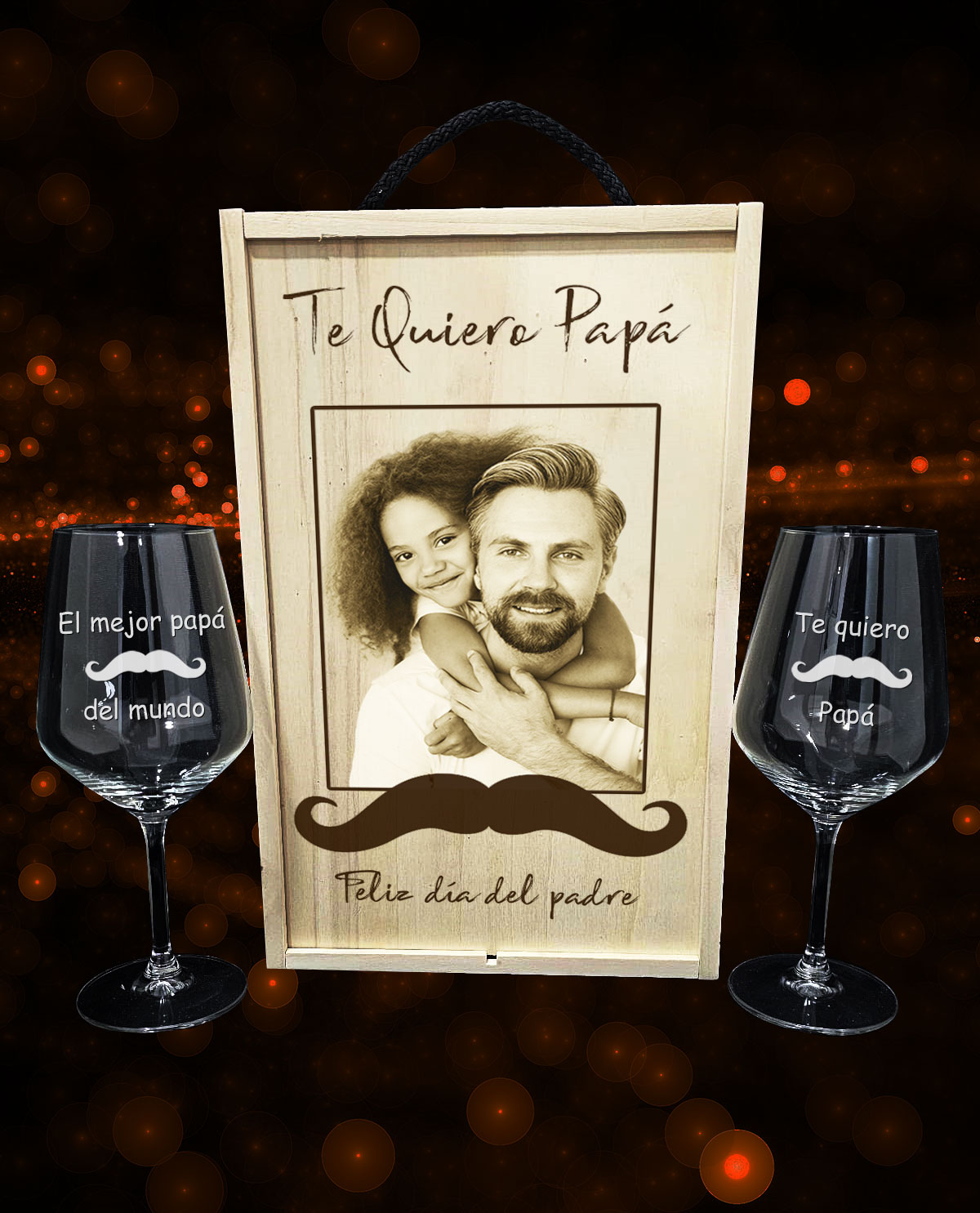 Caja con 2 copas de vino personalizadas Diseño Día Padre Bigote