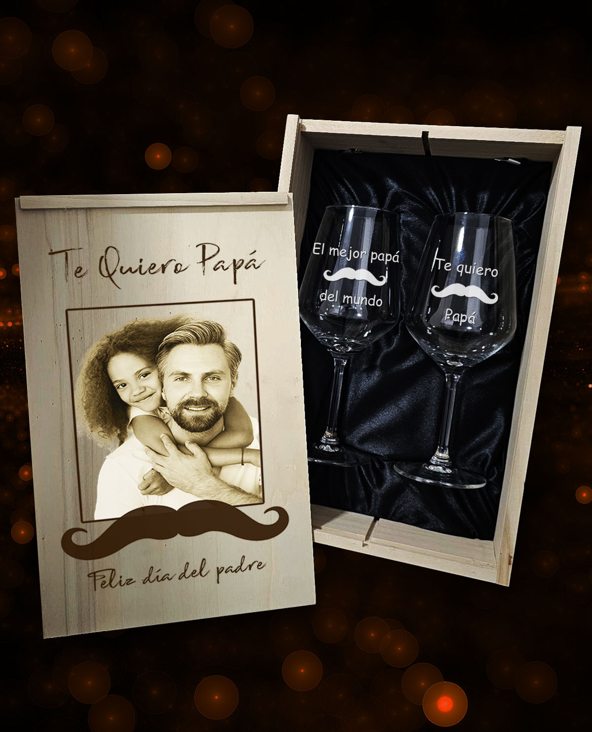 Caja con 2 copas de vino personalizadas Diseño Día Padre Bigote