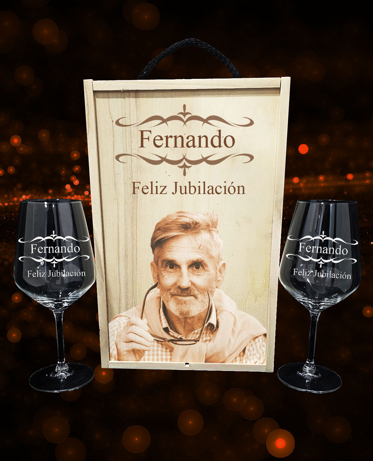 Caja con 2 copas de vino personalizadas Diseño Jubilación cenefa