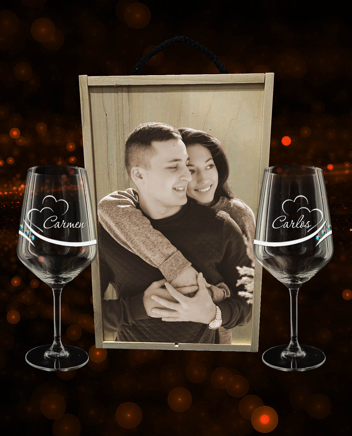 Caja con 2 Copas de Vino personalizadas Colección Exclusive con Corazones y Brillantes