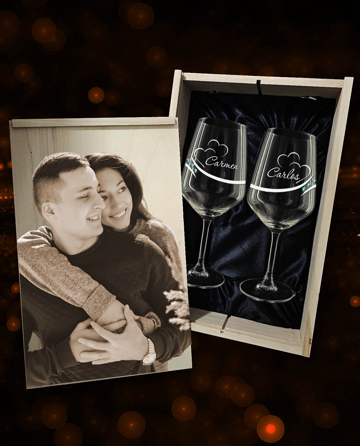 Caja con 2 Copas de Vino personalizadas Colección Exclusive con Corazones y Brillantes