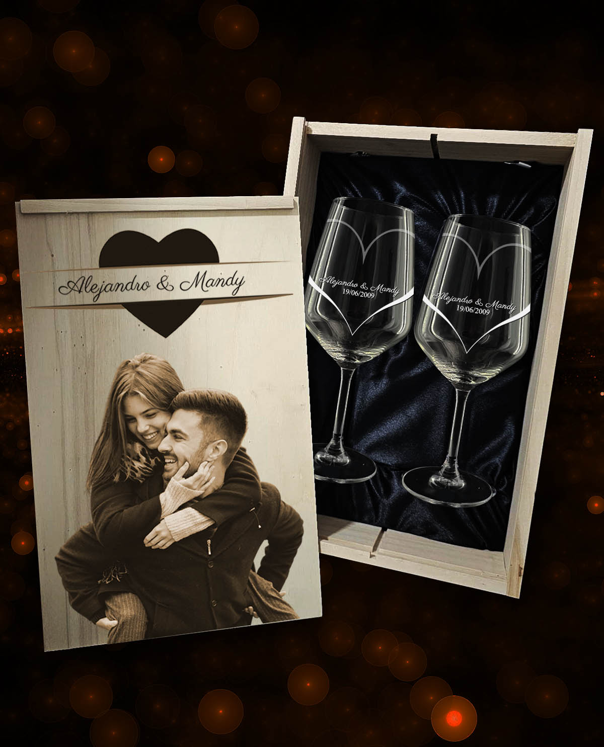 Caja con 2 Copas de Vino personalizadas modelo Carré 53cl Colección Exclusive con Corazón Envolvente