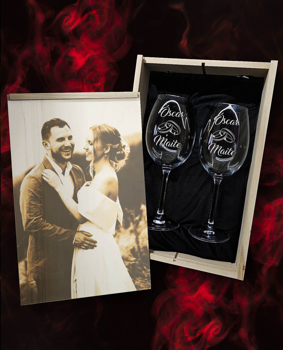Caja con 2 Copas de Vino Cristal de Bohemia Premium Personalizadas – Diseño Boda Alianzas