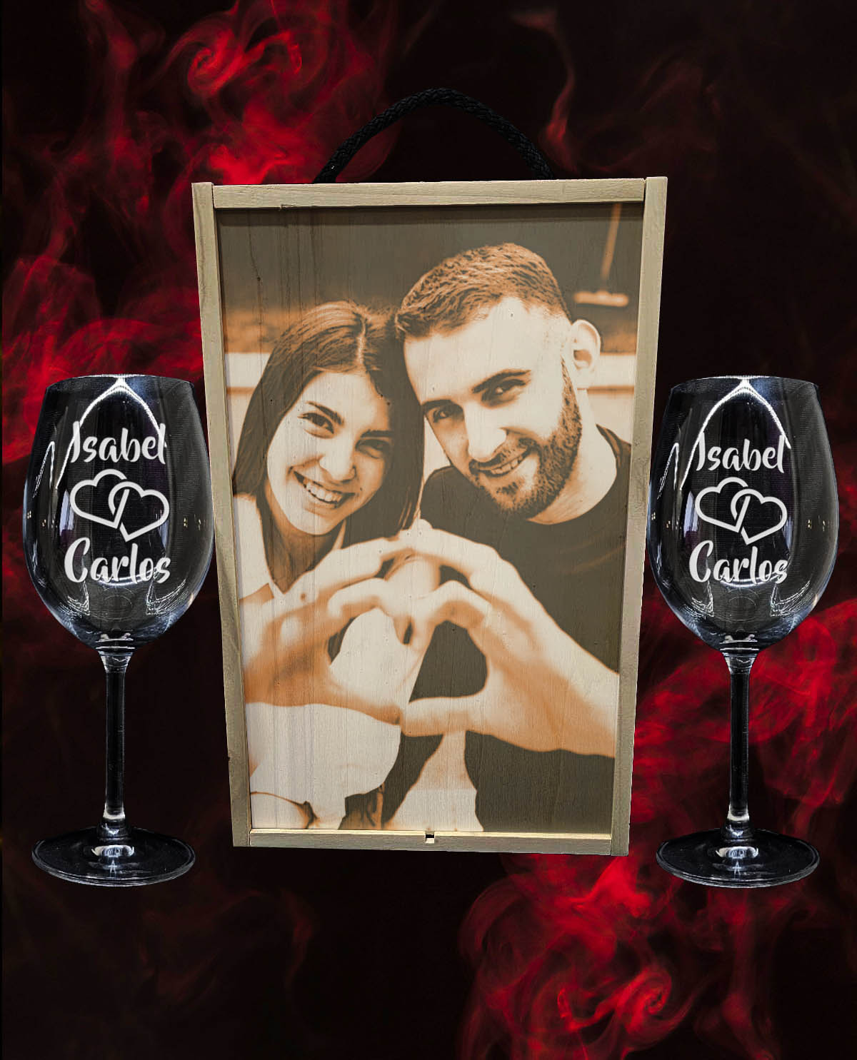 Caja con 2 Copas de Vino Cristal de Bohemia Premium Personalizadas Diseño Corazones Entrelazados Regalo Enamorados