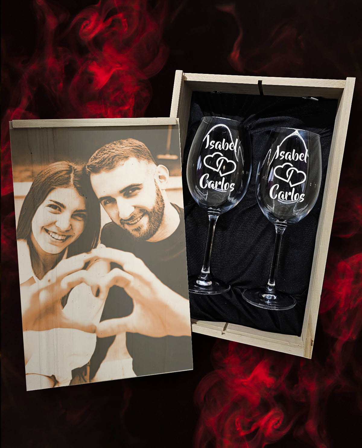 Caja con 2 Copas de Vino Cristal de Bohemia Premium Personalizadas Diseño Corazones Entrelazados Regalo Enamorados
